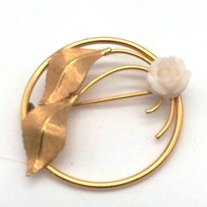 VTG JMS Carved Rose Brooch Pin  1/20 Gold Filled Round Leaves Flower Signed
